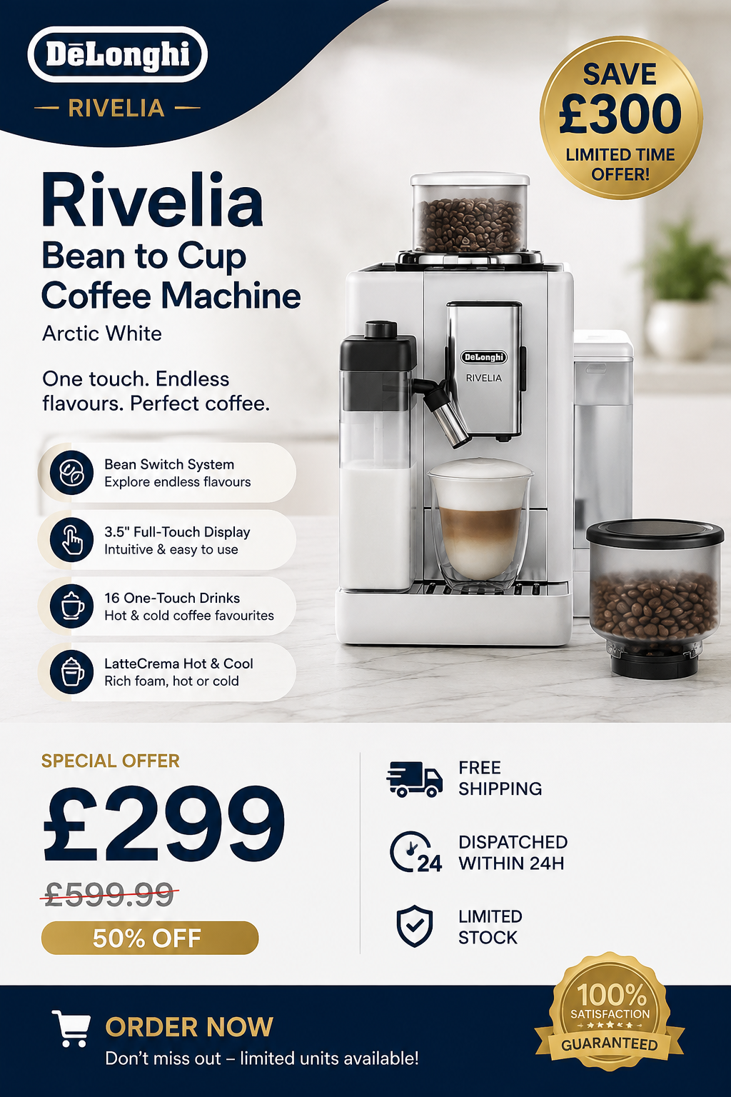 De'Longhi Rivelia Automatic Bean to Cup Coffee Machine – Arctic White